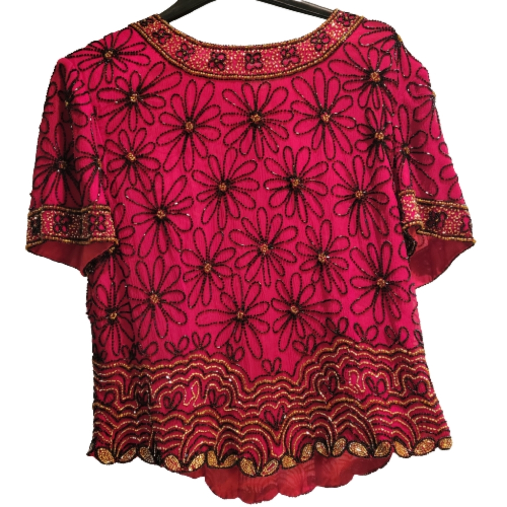 Adrianna Papell red and black beaded women size PL 100% silk blouse